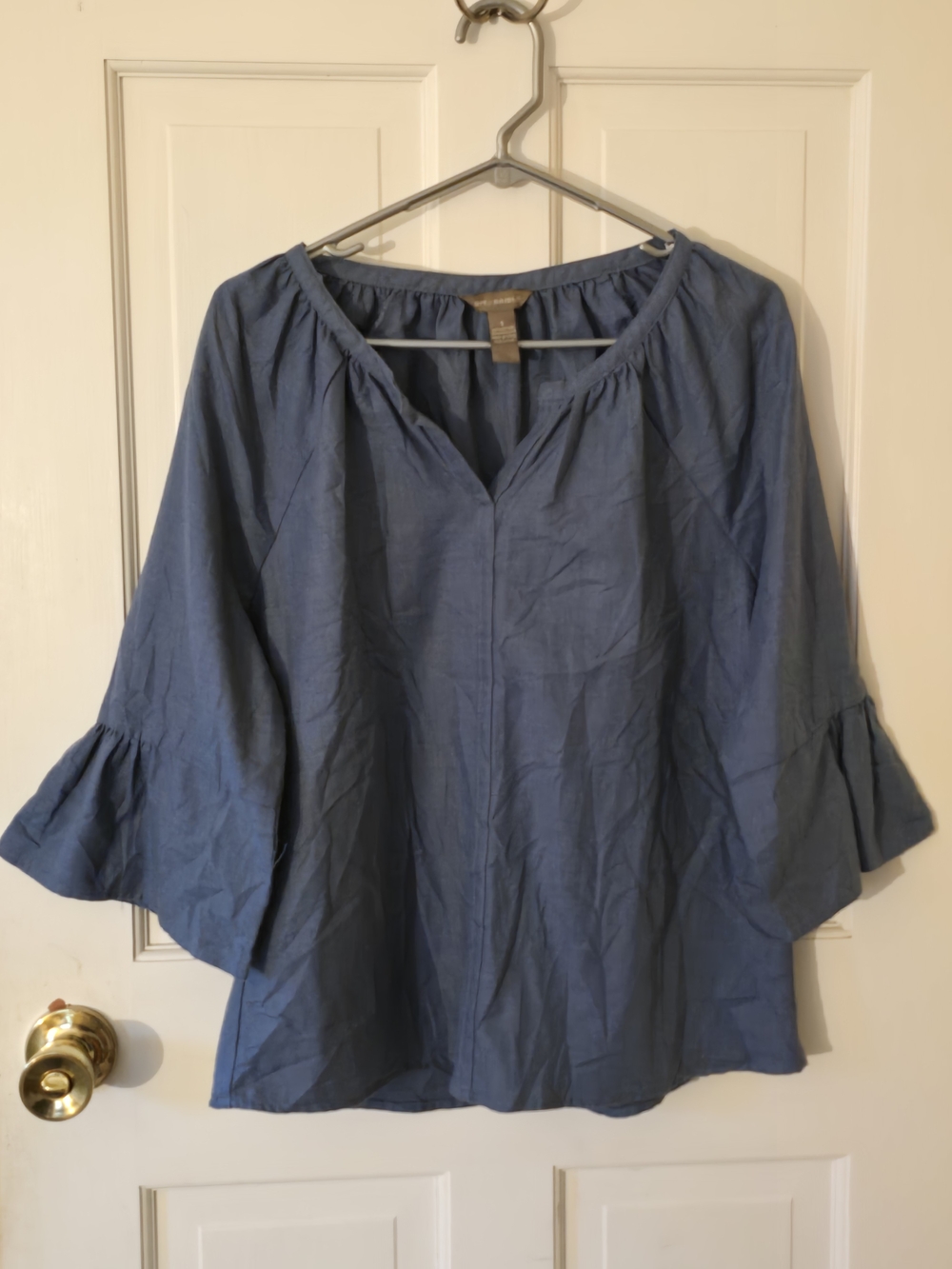 Bit & Bridle Blue Peasant Top with Ruffle Bell Sleeves NWT Size S